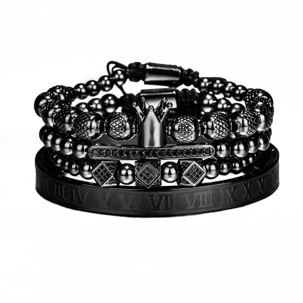 Handgemaakte Vlechten Armband Gouden Hip Hop Mannen Gepolijst Crown Romeinse Cijfer Armband Luxe Sieraden Dropshiping: Black set-GMH8