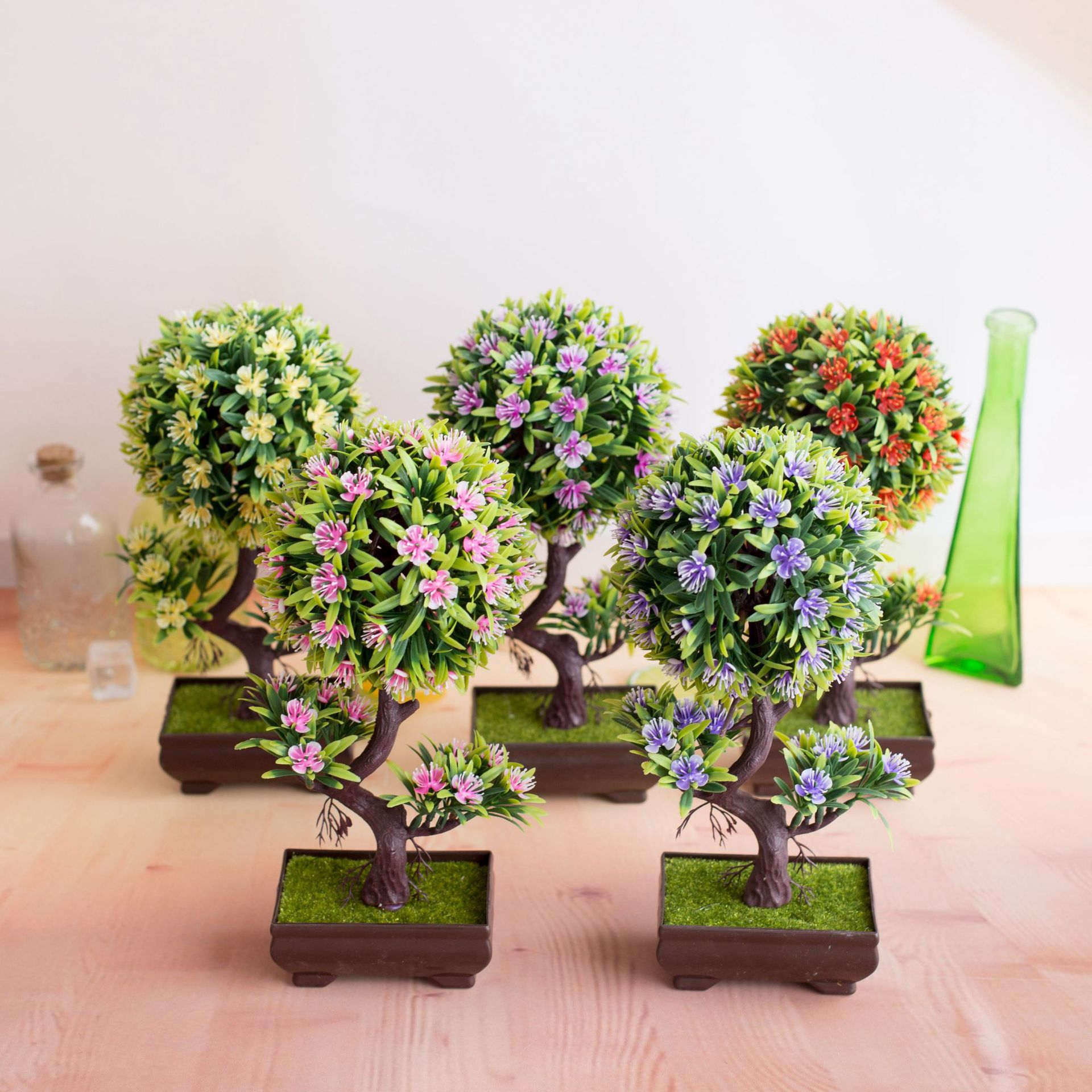 Árbol de flores de ciruelo en forma de S, bonsái Artificial, simulación de plástico, maceta pequeña, plantas, flores, mesa de hogar, decoración de jardín, 1 ud.