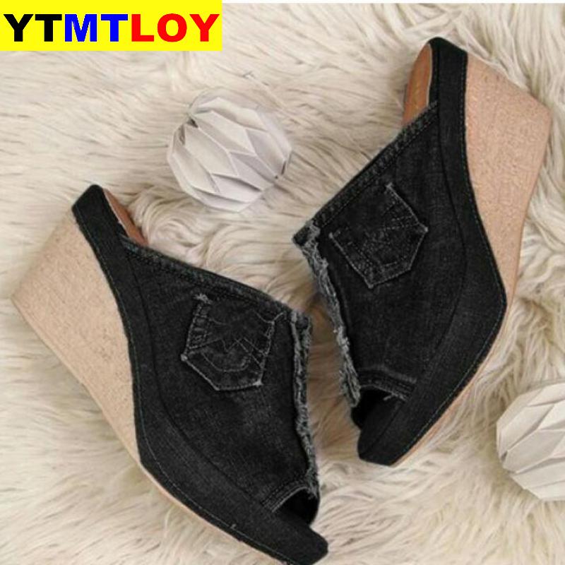 Kvinder sandaler kvindesko kvinde sommer wedge behagelige damer slip-on flade sandalier denim platform kiler høj hæl