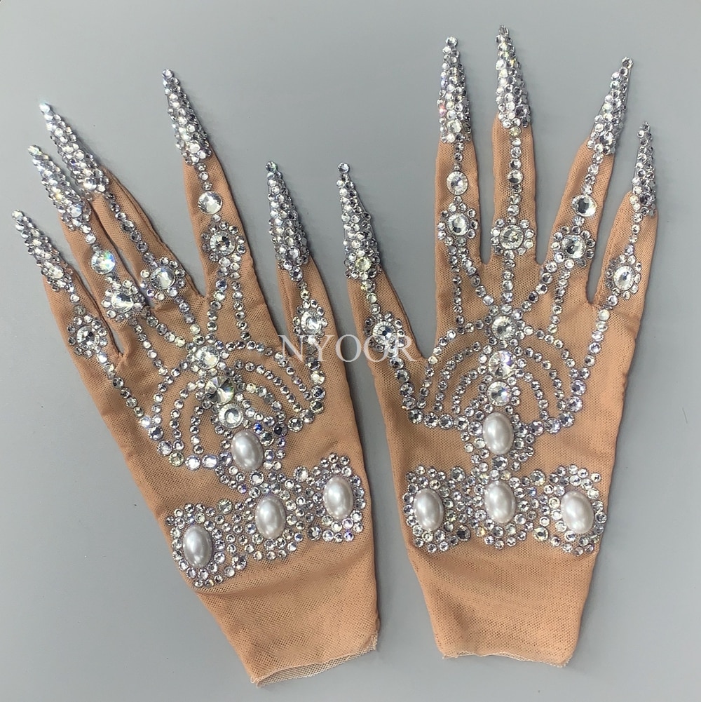 Luxurious Rhinestone Pearls Gloves Women Sparkly Crystal short Gloves Dancer Singer Nightclub Stage Performance Show Accessories: silver color