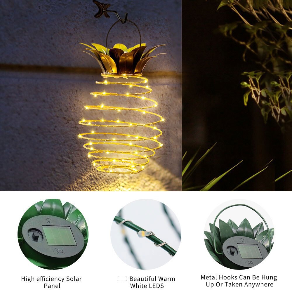Solar pineapple light iron lantern led copper wire string lights outdoor waterproof garden decoration hanging lights