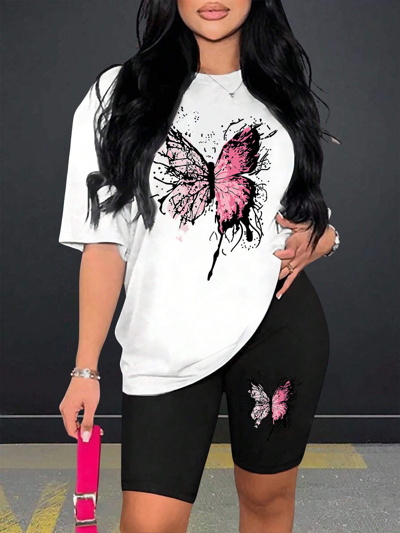 Beautiful Butterfly Pattern Print For Women Short Sleeved Shorts Set Soft Essential Two Piece Set Sports Comfortable Shorts Sets: M / Light Grey