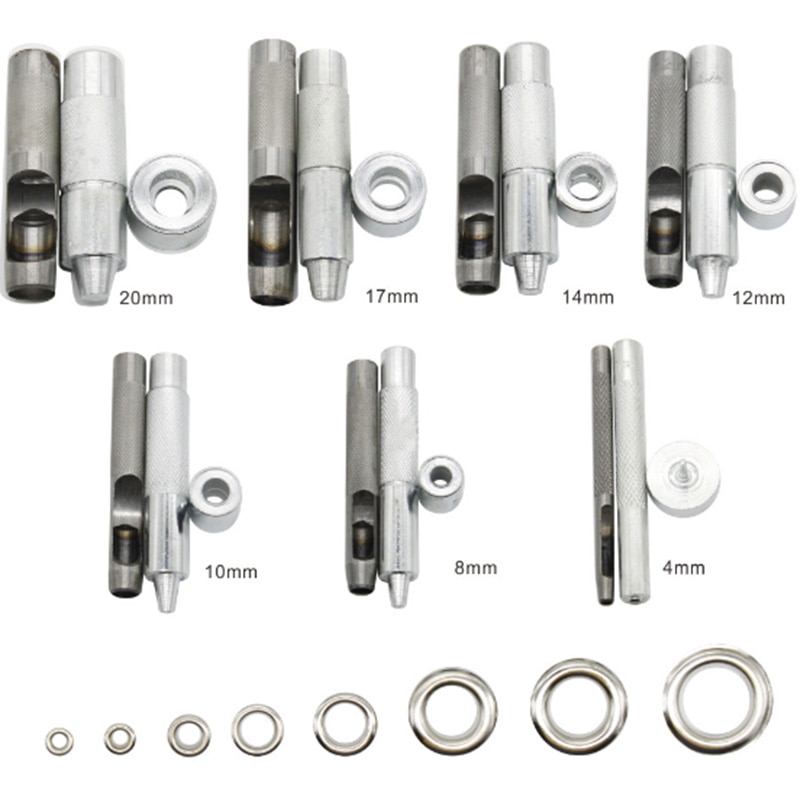 100set 4mm-20mm Metal Silver eyelets and Eyelet Punch Die Tool Set for Leather Craft Clothing Grommet Banner manual accessories