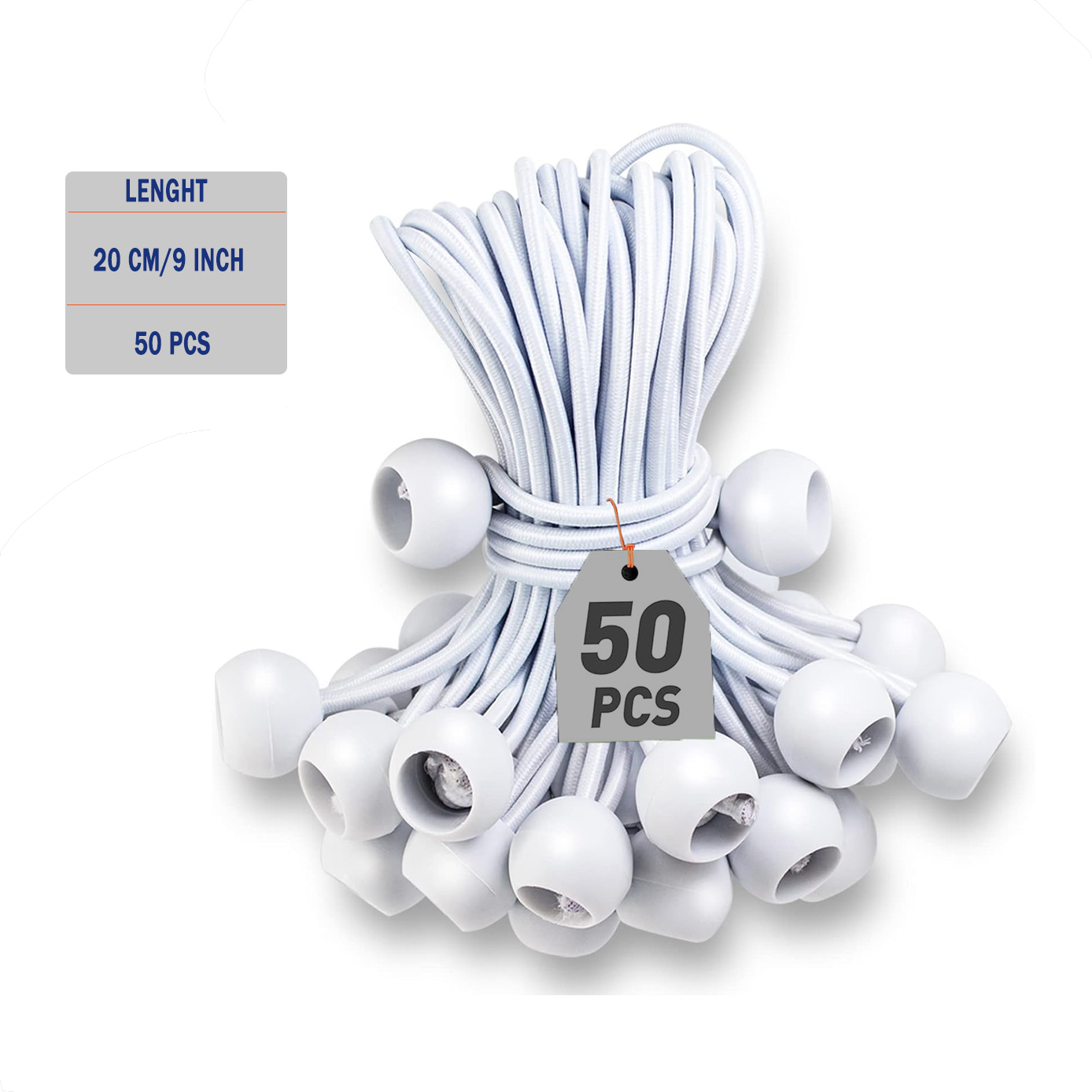 Ball Bungee Cords 6 Inch,50 PCS White Tarp Ball Bungee Ties Heavy Duty Canopy Tie Downs for Camping,Tent Poles with UV Resistant: MULTI
