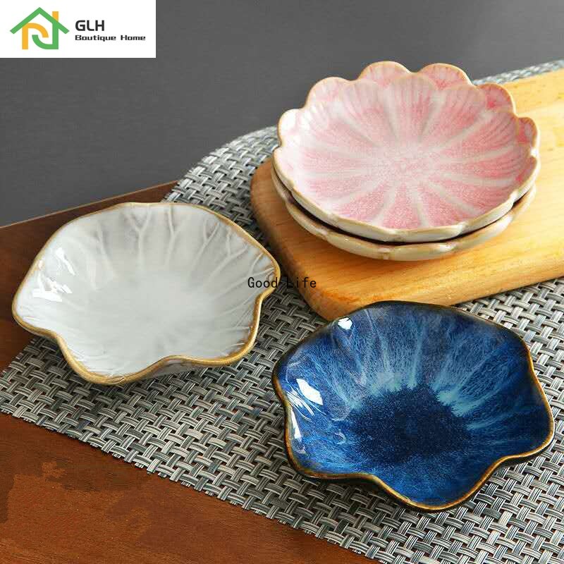 1pc små keramiske tallerkener porcelænsovn glaseret blomst form sauce fad japansk stil pickled dip serveringsfade