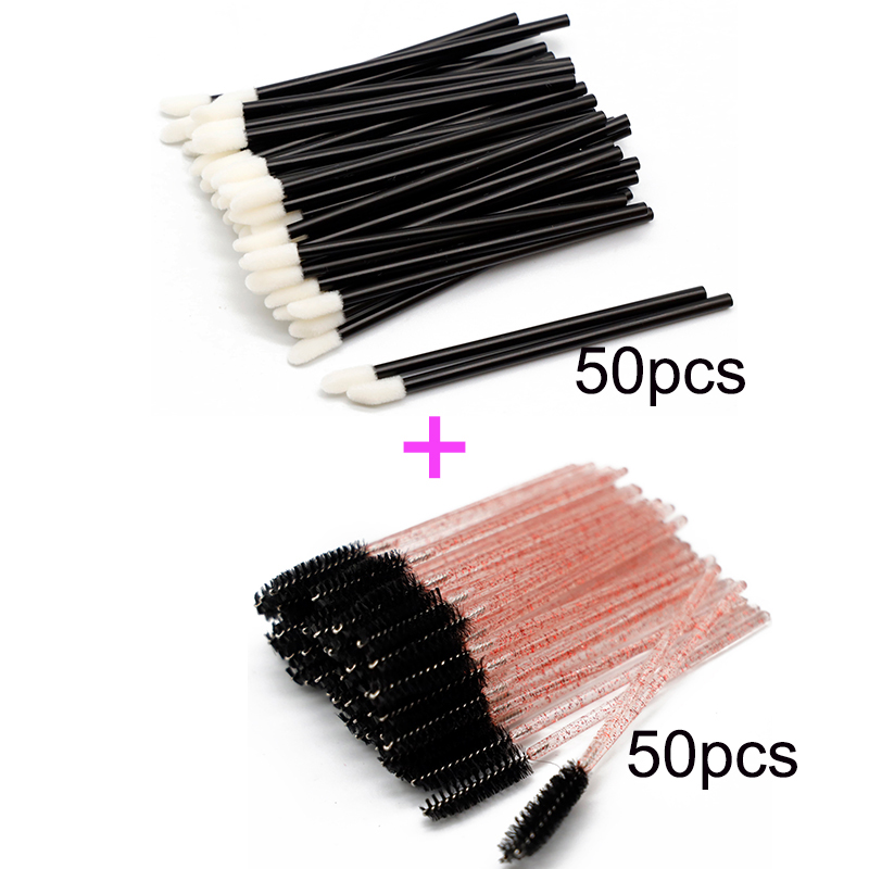 200Pcs Roze Mascara Wands Lipgloss Wand Borstel En Wimper Cleaning Micro Applicator Set 3 In 1 Eye Lash makeup Tools In Bundel: 100pcs black set