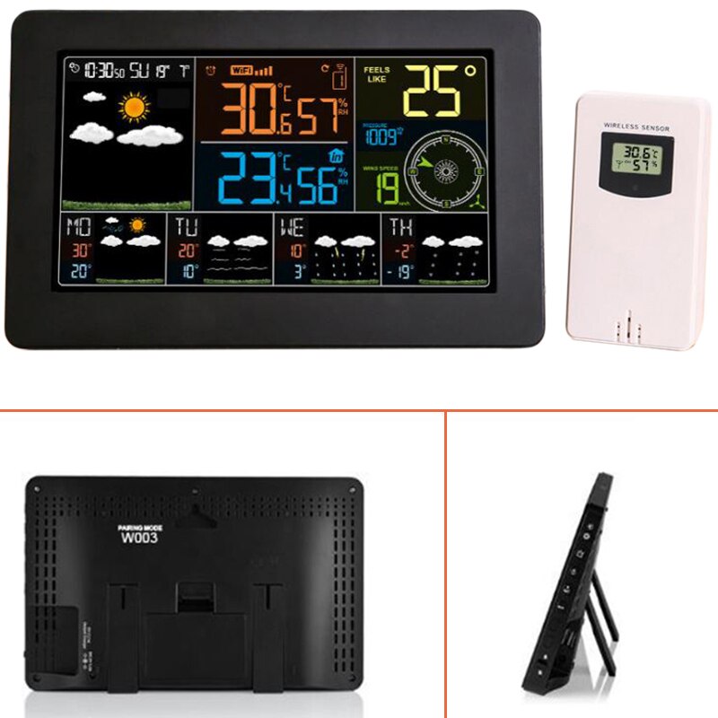 Farve wifi vejrstation vejrmonitor indendørs og udendørs temperatur fugtighed tryk vindhastighed