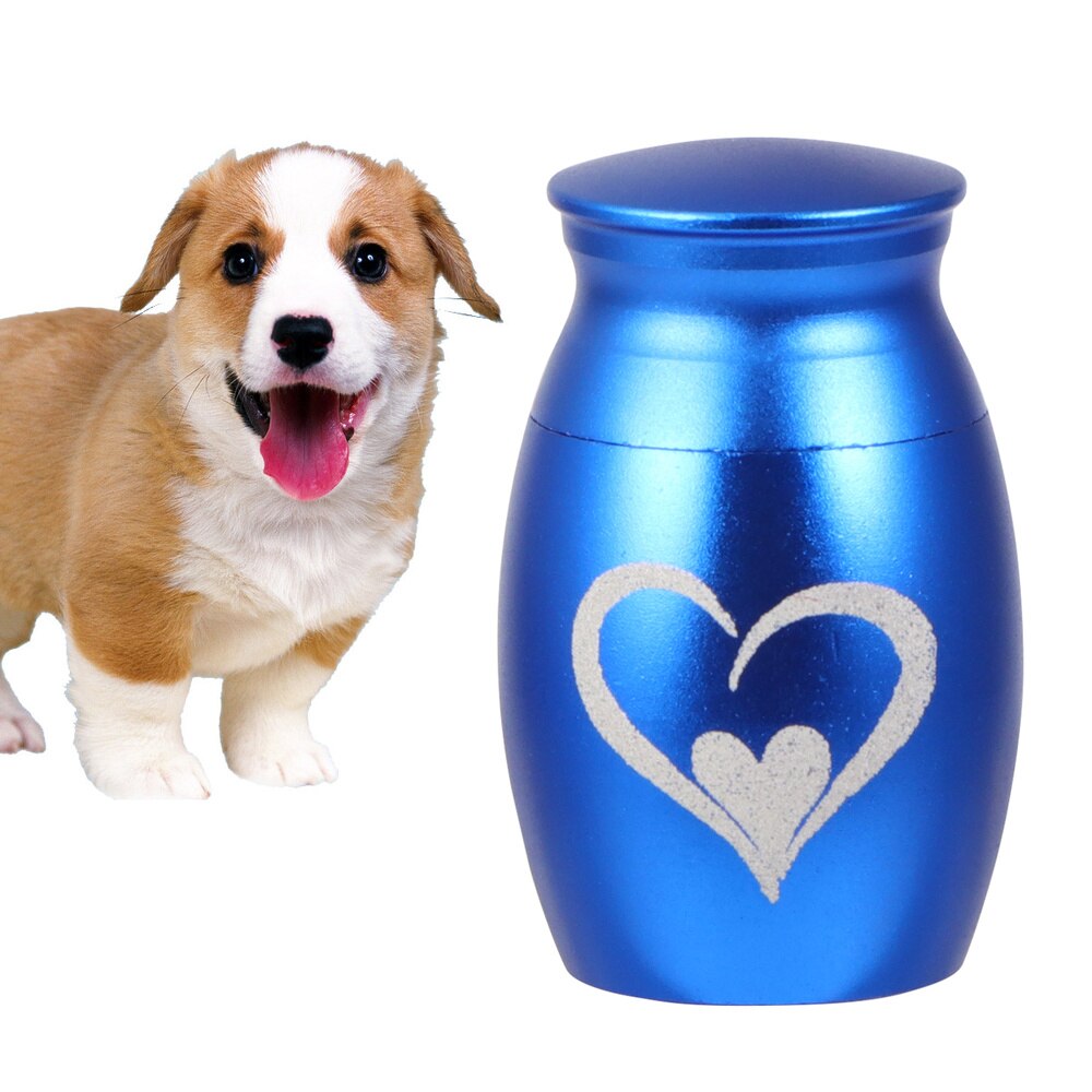 Pet Stainless Steel Cinerary Funerary Urn Jar Heart Printed Urn Container with Opening Screw Lid (Blue)