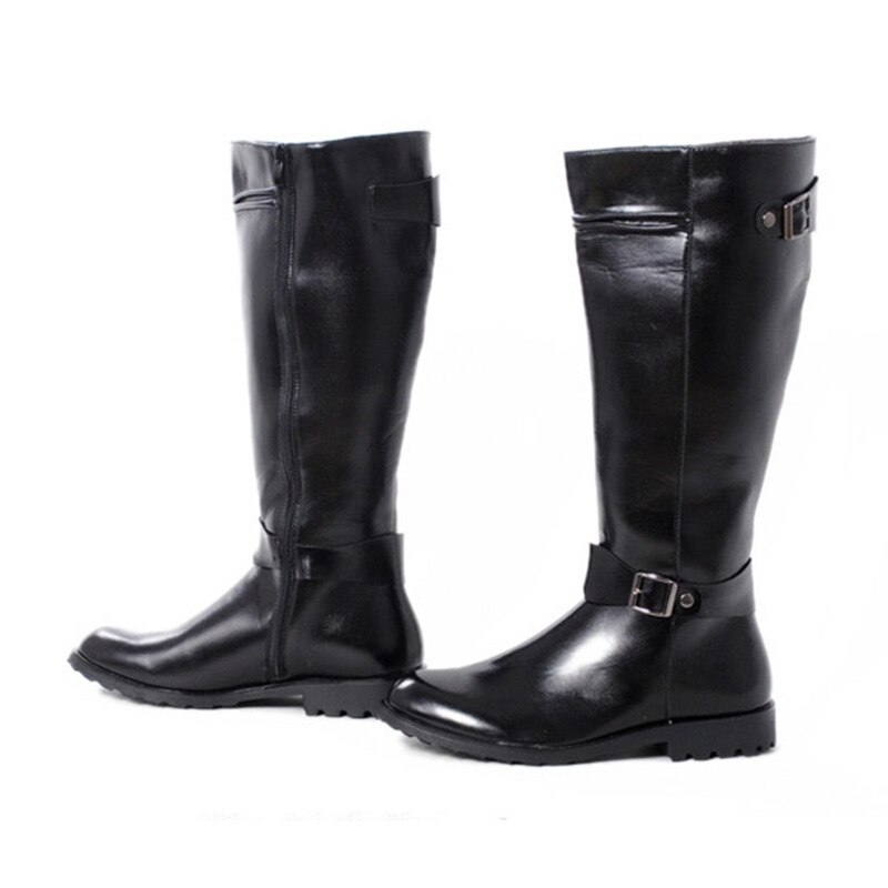 ERRFC – chaussures montantes en cuir PU pour hommes, bottes de Cowboy à bout rond de 44cm, avec boucle marron, pour les loisirs, tendance