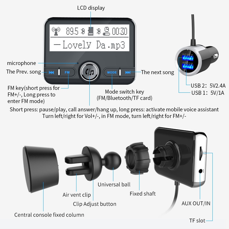 Jilang Bluetooth FM Transmitter Wireless Car FM Modulator Car Mp3 Player Car Kit Handsfree Bluetooth Car Charger with LCD Displa