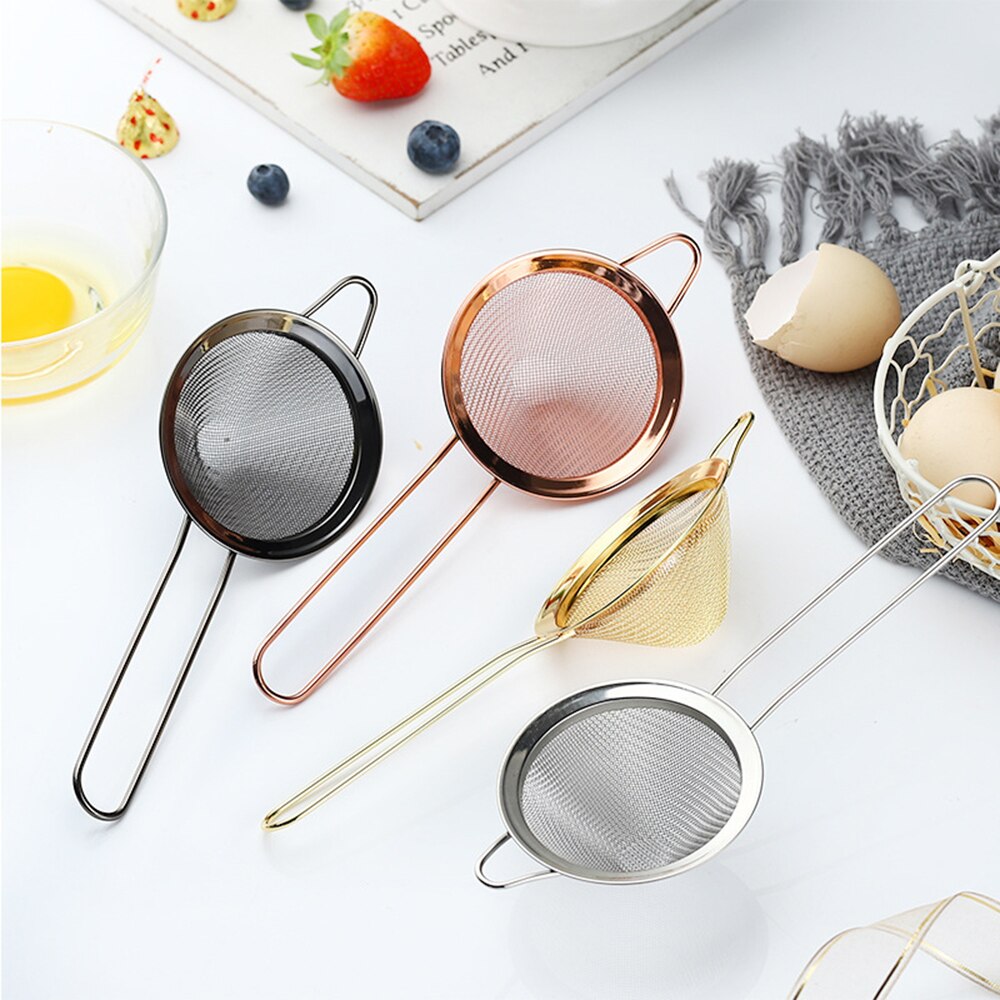 Stainless Steel Kitchen Handheld Screen Mesh Strainer Rose Gold Flour Sieve Cooking Oil Strainer Colander Kitchen Accessories