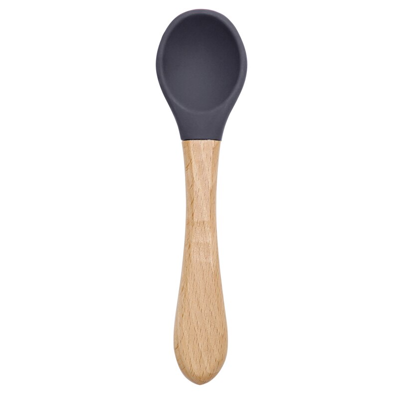 Cuchara de manija de madera silicona para alimentación de niños, utensilios para comer comida sólida, entrenamiento, capacidad de manipulación, vajilla: 003- dark grey