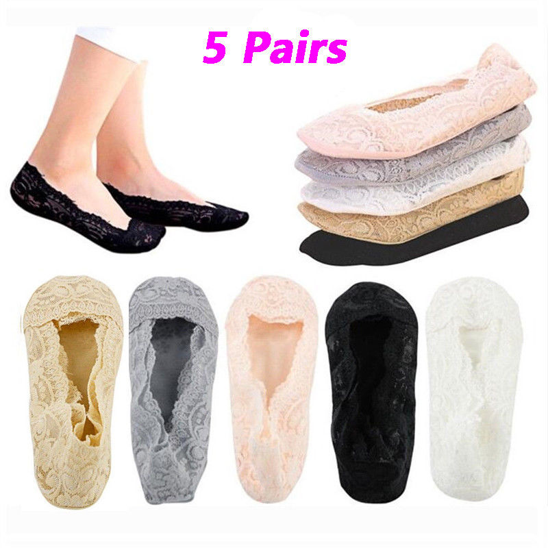 5Pairs Lot Ladies Women Girls Invisible Footsies Lace Sock Slipper Shoe Liner Trainer Ballerina Socks