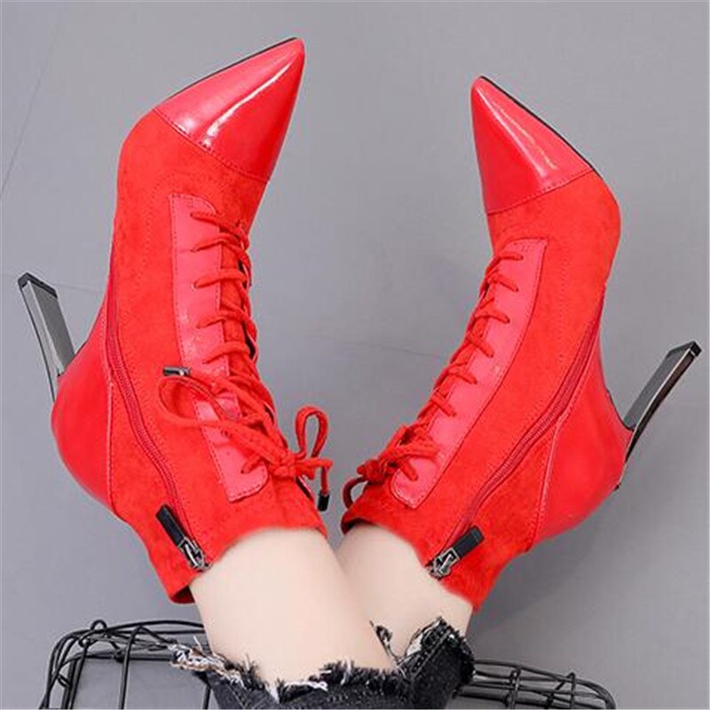 Vrouwen Mode Korte Laarzen Wees 12Cm Hoge Hakken Dames Stiletto Zijrits Cross Lace-Up Laarzen Vrouwen zapatos De Mujer Botas