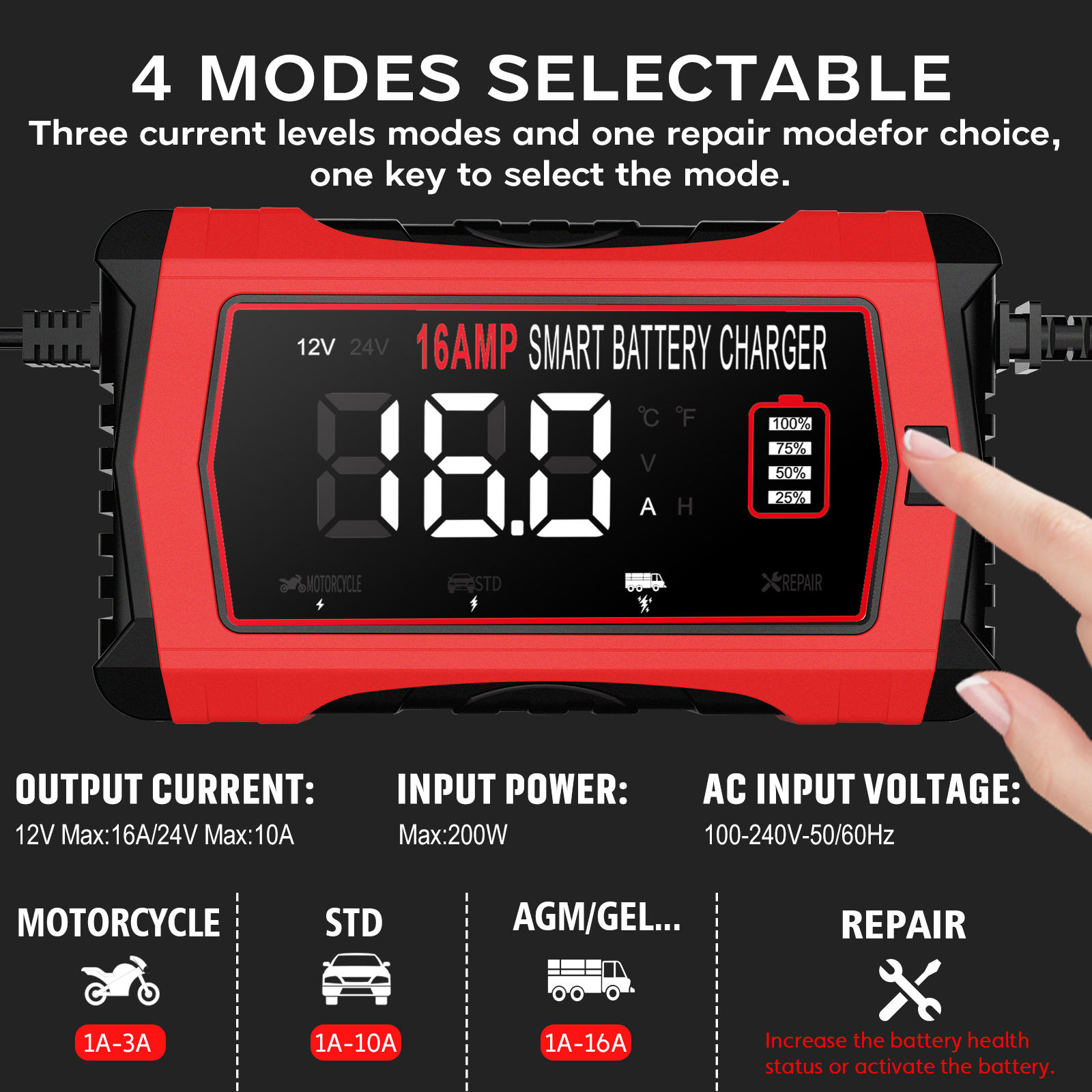 Caricabatteria per auto di riparazione universale 12V 16A 24V/10A Caricatore per moto di riparazione intelligente per batteria al piombo AGM gel LiFePO4