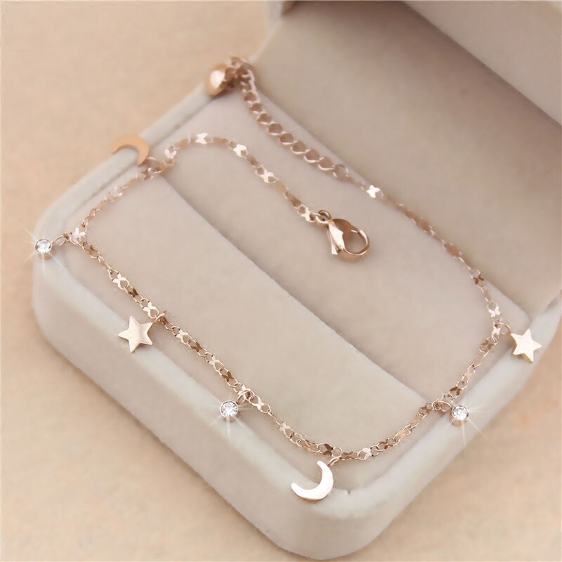 18KGP Rose Gold Color Titanium Steel Moon Star Zirconia Anklet Women 316L Stainless Jewelry (GA121)