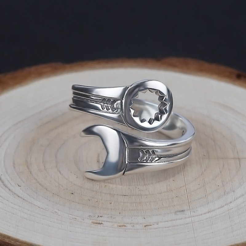 Anillo abierto de plata 925, llave inglesa Punk, geométrico, asimétrico, apilable para mujeres y hombres, joyería de ,: Default Title