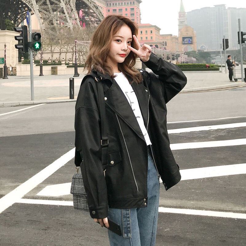 Aelegantmis Oversized Coat Women Faux Leather Jacket Spring Autumn Loose Biker Motorcycle Jackets Female Punk Streetwear