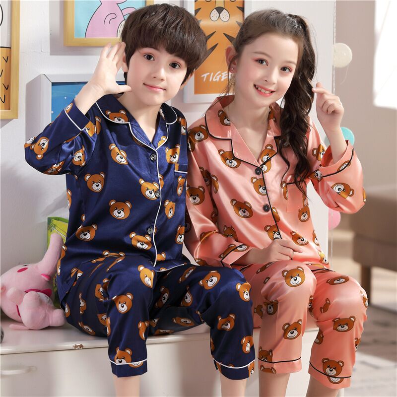 Lapel printed silk long-sleeved pajamas set girls bear cartoon children's home wear toddler boy pajamas pjs for kids: gril / 5T