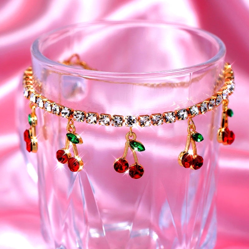 Flatfoosie Shiny Cherry Crystal Bracelets For Women Gold Silver Color Bling Rhinestone Bracelet Party Jewelry