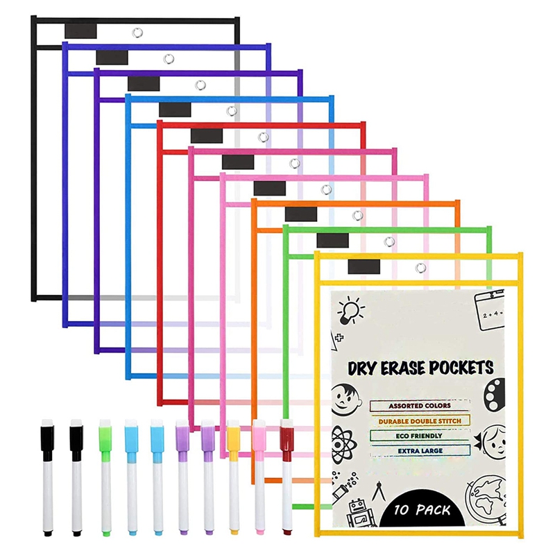 Dry Erase Pockets Sleeves, (10 Pack) A4 Paper Job Ticket Holders, Reusable Dry Erase Sheets for Classroom Worksheets: Default Title
