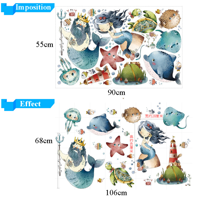Large Wall Sticker Mermaid for Bathroom Children's Room Marine Animal Wall Decoration Wallpaper Murals Removable Vinyl Decals