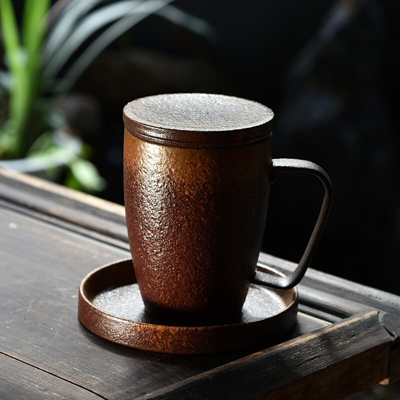 Håndlaget ovn keramisk kopp med dekselfilter tekopp krus kontor