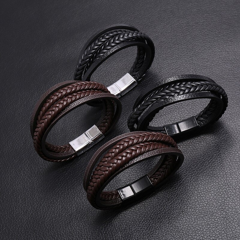 Pulseras de cuero para hombre, Brazalete moderno de varias capas, tejido a mano, estilo hip hop Rock, para novio