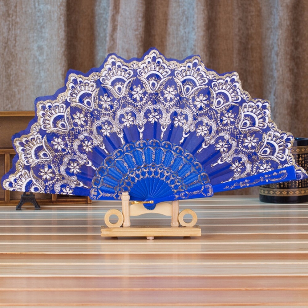 Ventilador plegable de poliéster con patrón de flores, 7 estilos, estilo chino tradicional de encaje con bronce, abanico plegable de tela ventilador plegable, decoración del hogar 1 unidad