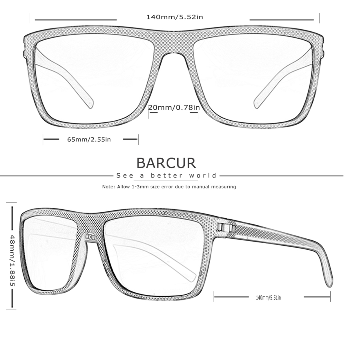 BARCUR Brand Classic Men Sunglasses Comfort Durable PC Rectangular Frame TAC Lens Versatile Age Polarized Sunglasses