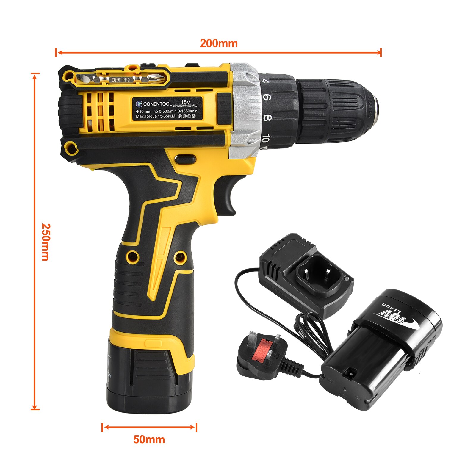 CONENTOOL-destornillador eléctrico inalámbrico recargable, taladro de impacto LED de 2 velocidades, herramientas eléctricas, batería de 1.5Ah, 18V