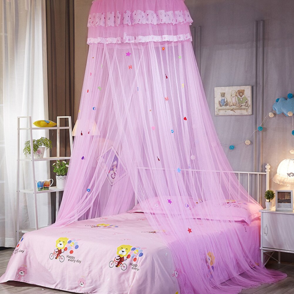 Bedroom Kids Mesh Lace Sleeping Cartoon Round Dome Hanging Heightened Bedding Anti-mosquito Sweet Canopy Bed Net Summer: Pink