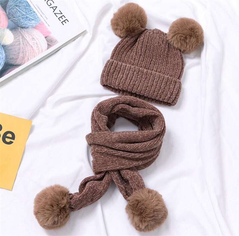 Enfants hiver chapeau et écharpe enfant côtelé tricoté chapeau 2 pièces ensemble bébé filles garçons oreille Protection casquette Pom Pom foulards 0-3T: Marron