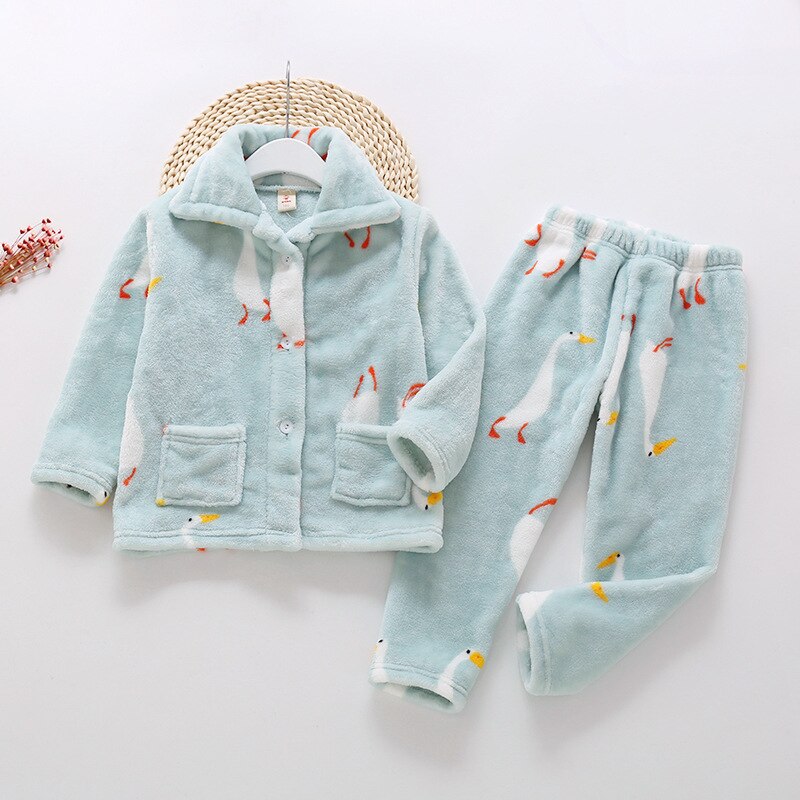 Children Long-sleeve Trousers Pajamas Set Winter Flannel Cartoon White Goose Pattern Home Clothes Suit Homewear 1-4Y