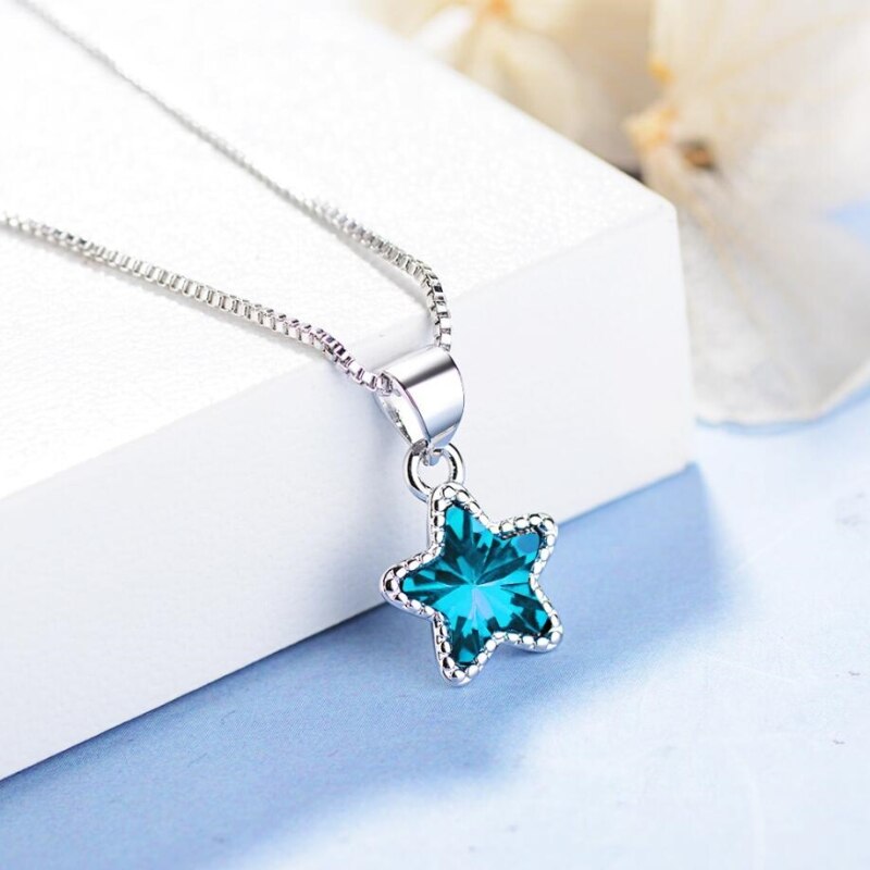 Pentagrama Mini estrella azul cristal colgante simple salvaje 925 plata esterlina plateado clavícula cadena femenina collar SNE372