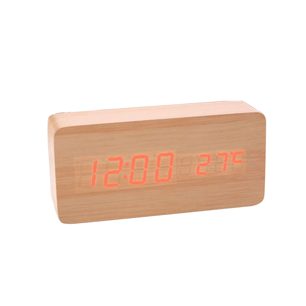 Wooden Alarm Clock Sound Control LED Digital Alarm Clock Electronic Temperature Display Desk Table Clock Auto Brightness Adjust: Wooden   Red