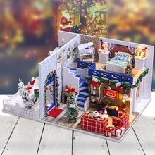 IiE SCHAFFEN Puppenhaus K026 Blau Weihnachten Miniatur DIY Bausatz Mit Lichter Und Staub Abdeckung