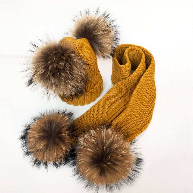 Ouder-kind Winter hoeden Schattige Baby bont Pompon Hoed Sjaal Sets Echte Natuurlijke Haarbal Caps Moeder Kinderen Warme Gebreide Hoeden Winter Bea