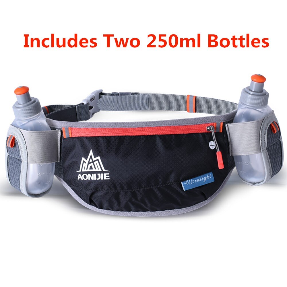 Aonijie mænd kvinder løber talje taske hydrering bælte flaske vandtæt jogging fanny packs talje pakke med to vandflaske 250ml: Sort med flaske