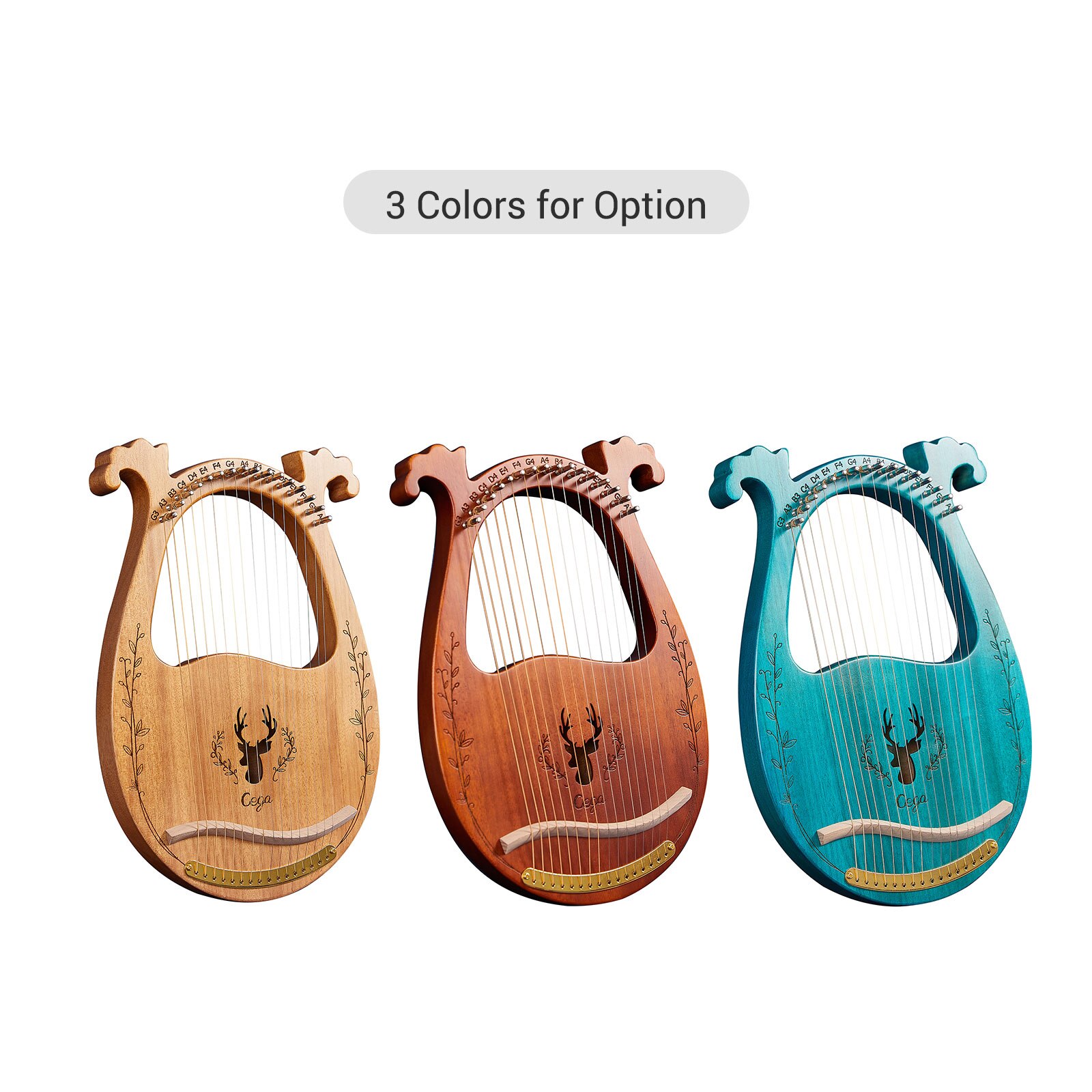 16-- snarige houten lier, harp, klankkast, snaarinstrument met stemsleutel, 3 stuks plectrums, snaarinstrumenten