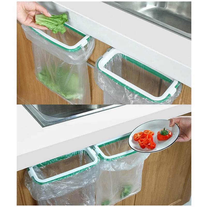 Kitchen Hanging Trash Can Shelf Cabinet Trash Rack Plastic Storage Hanging Trash Bag (Green)
