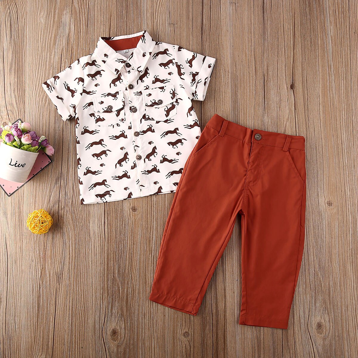 Baby Zomer Kleding Peuter Kids Baby Boy Korte Mouwen Kleding Shirt Tops Broek Formele Party Paard Print Outfits Set