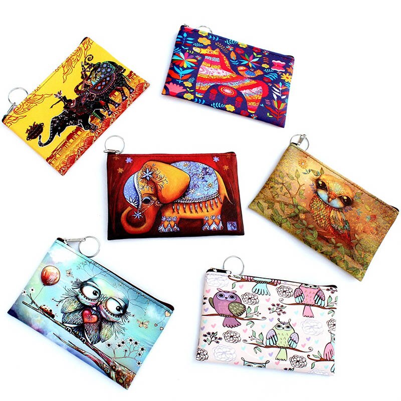 Women Coin Purse PU Leather Clutch Bag Cartoon Animals Elephant Owl Giraffes Deer Graffiti Lady Girl Wallet UND