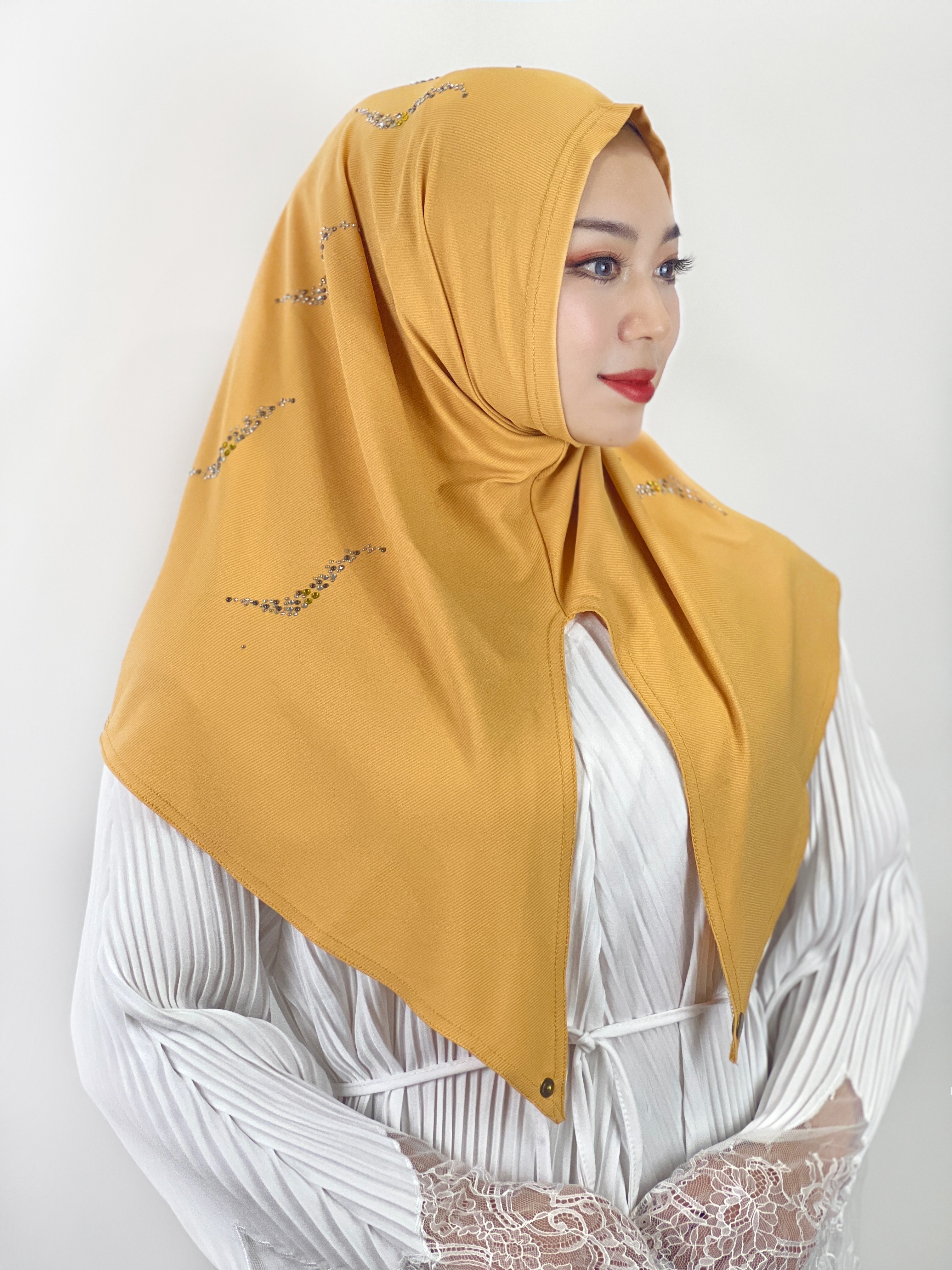 pañuelo cabeza mujer turbante mujer burquini mujer musulmana Hijab musulmán con diamantes de alta elasticidad, pañuelo islámico de Color sólido, listo para usar, turbante plisado, envolturas para la cabeza: Café ligero