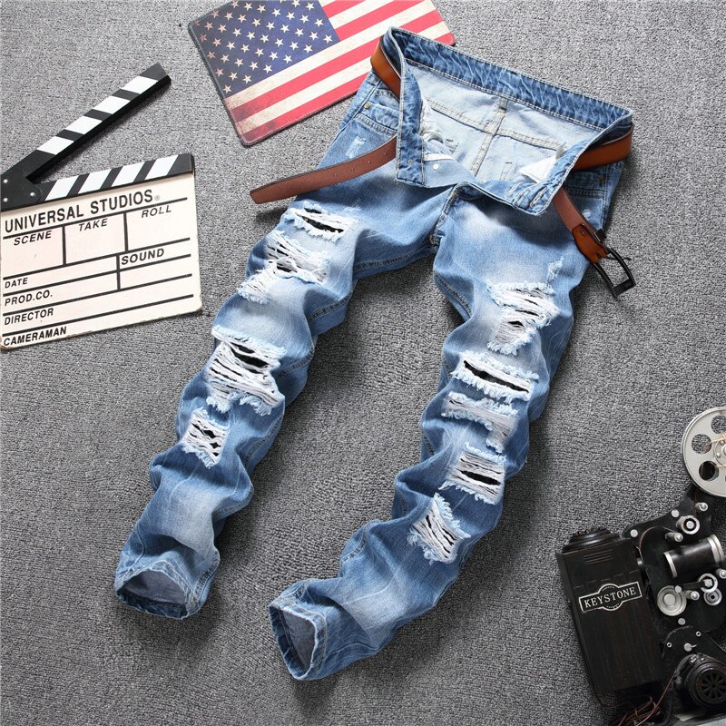 Tynde mænds ripped jeans lyseblå straight jeans casual all-match street hipster behagelig