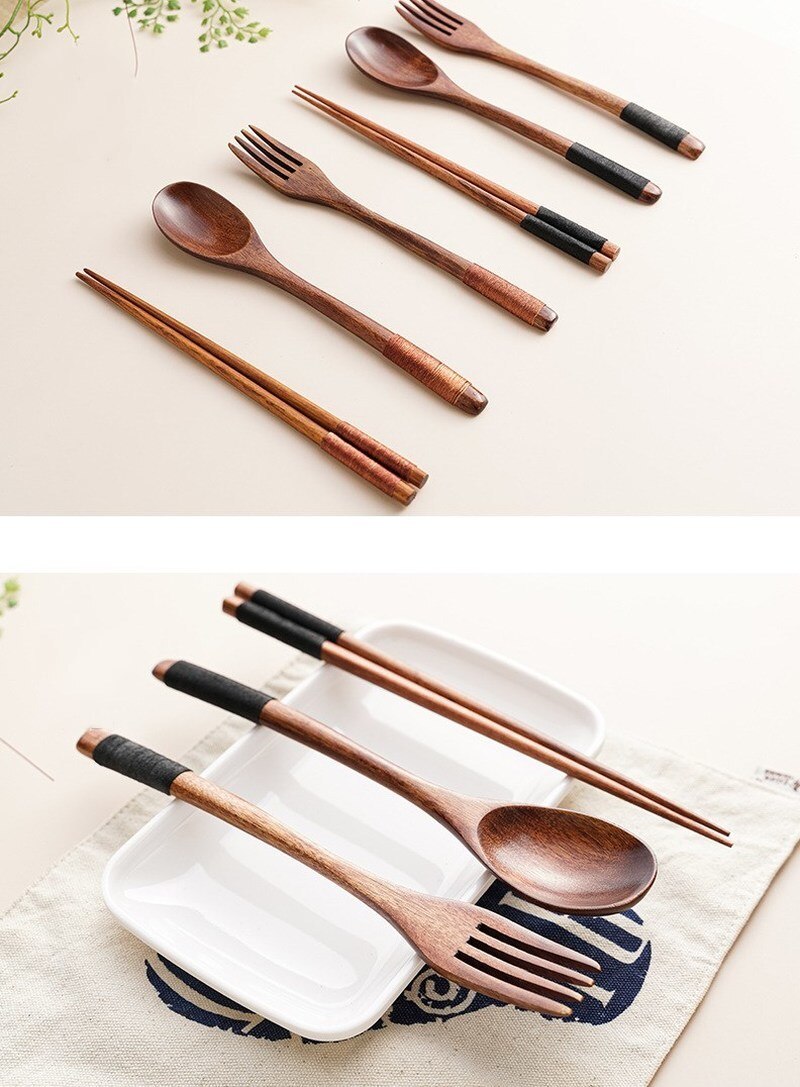 Portable Tableware Vintage Japanese Wood Chopsticks Spoon Fork Travel Dinnerware Suit Environmental Travel Wooden Cutlery Set