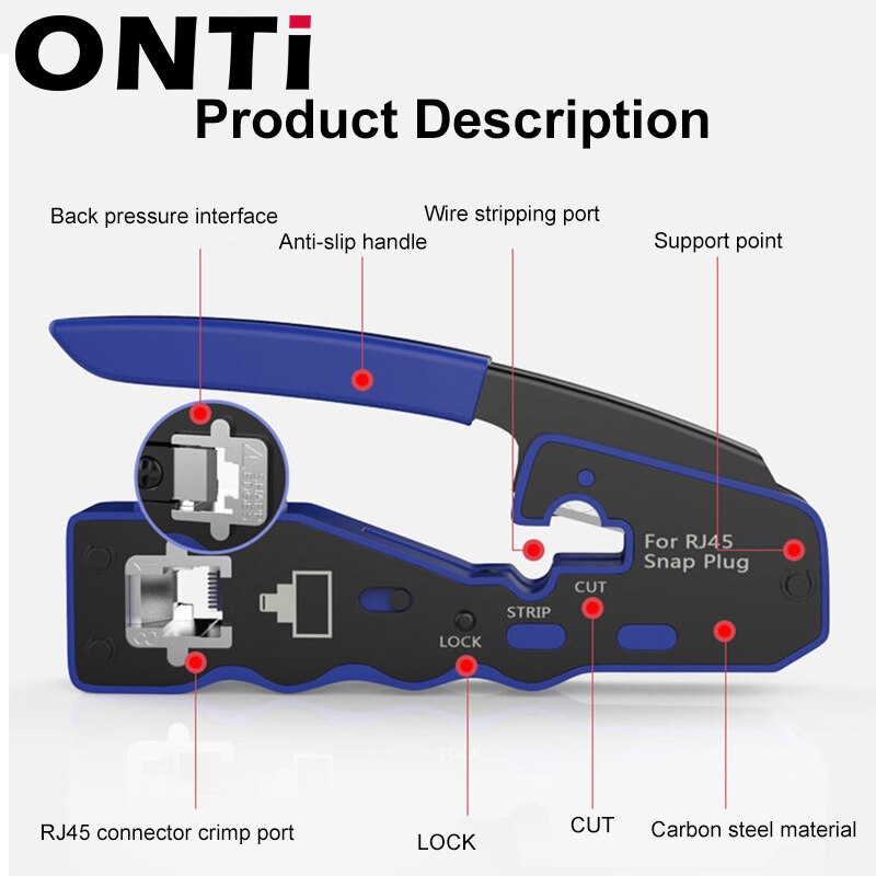 Connecteur ONTi RJ45 Cat7/6/6A/5E, outil de sertissage RJ45 passant à sertir avec lame de rechange dénudeur de câble Ethernet