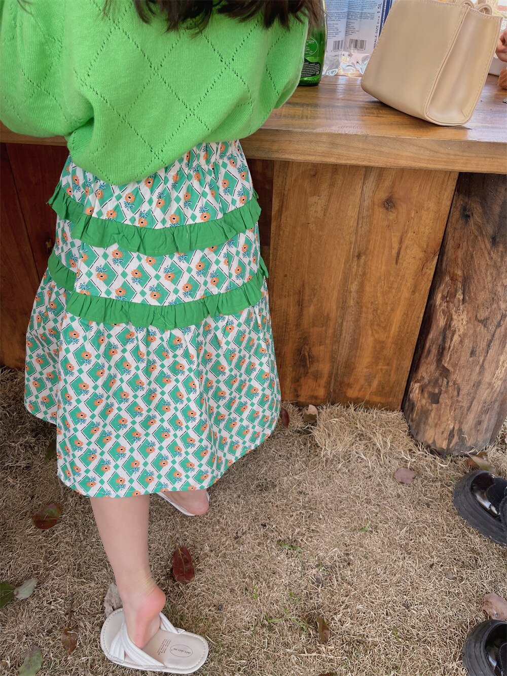 2022 Summer Floral patchwork skirts 2-7 years Girls cotton casual skirts Kids Bottoms: Green / 6T