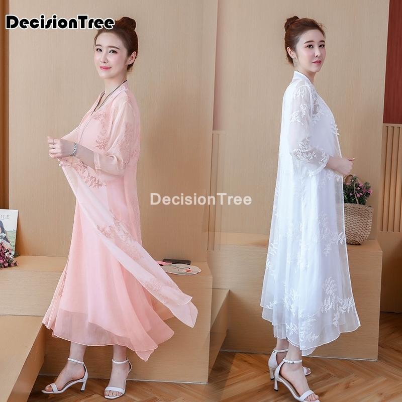 chinese dress qipao suit cotton linen cheongsam Two Piece Midi Dresses Vestidos Casual embroidery cardigan + dress robe