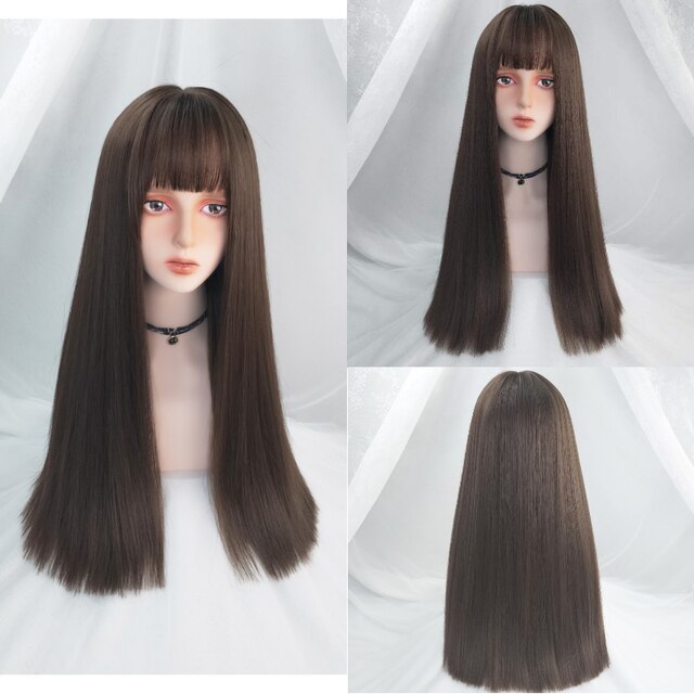 VICWIG Medium Length Cosplay Wig With Bangs Light Orange Synthetic Straight Hair Heat-resistant Rose Net Wigs For Women: Brown